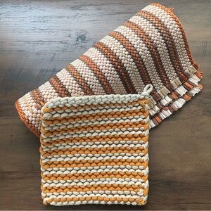 Vintage Handwoven Retro Placemats and Crochet Pot Holder Set